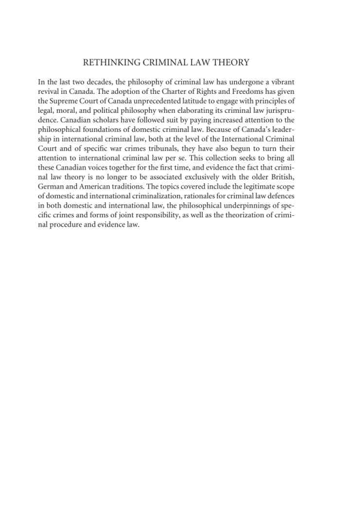 Rethinking Criminal Law Theory: New Canadian Perspectives in the Philosophy of Domestic, Transnational, and International Criminal Law